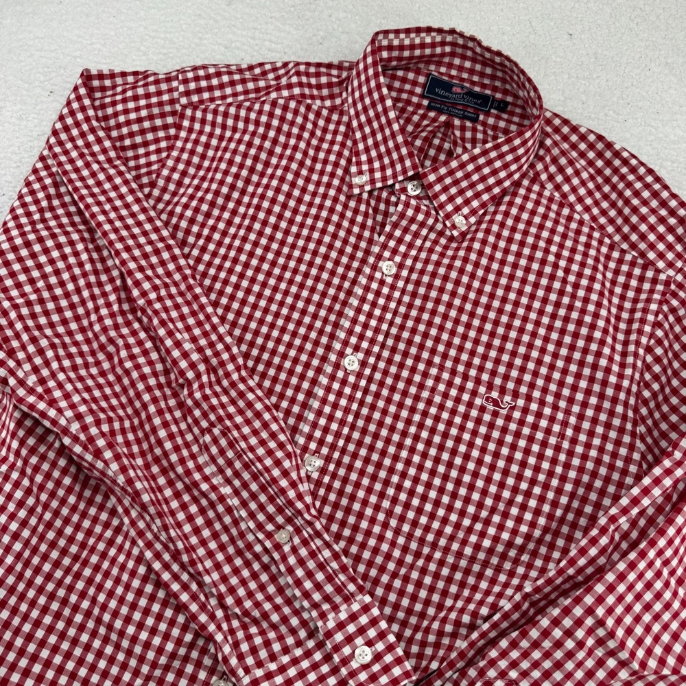 Vineyard Vines Slim Fit Tucker Shirt Mens Large Red Gingham Check Long Sleeve